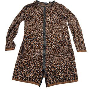 Rafaella Women's Leopard Print Long Cardigan Sweater Jacket Black Trim Size PXSI